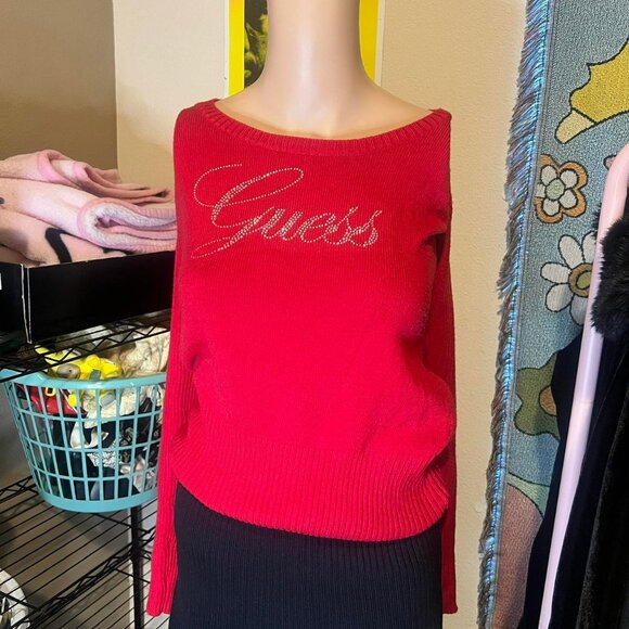 Vintage Guess Red Rhinestone Logo Keyhole Top - Picture 6 of 6